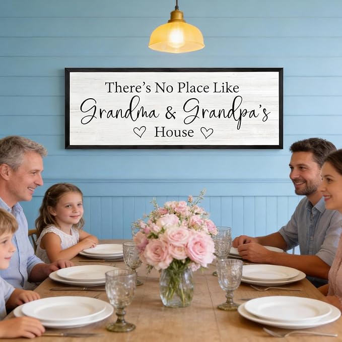There’s No Place Like Grandma and Grandpa’s House Wall Decor: 32x12 Inch Framed Wooden Family Quote Sign, Rustic Farmhouse Wall Art for Grandparents’ Home, Living Room or Entryway, Black