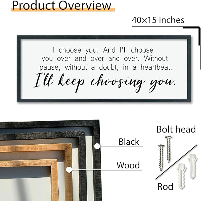 comurdyo Romantic Love Quotes I'll Keep Choosing You Sign 40"X15" Modern Rustic Large Love Theme Master Bedroom Above Bed Wall Decor I Choose You Wood Framed Simple Wall Hanging Art (Black)
