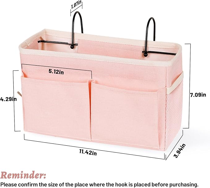 Bedside Caddy Hanging Storage with Water Bottle Holder for Bunk Bed Hospital Bed Dorm Rooms (Pink)
