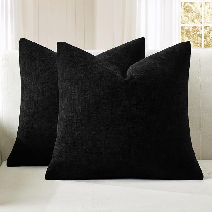 MIULEE Black Couch Pillow Covers 18x18 Inch, Set of 2 Soft Chenille Decorative Square Throw Pillow Covers Farmhouse for Sofa Living Room Bed