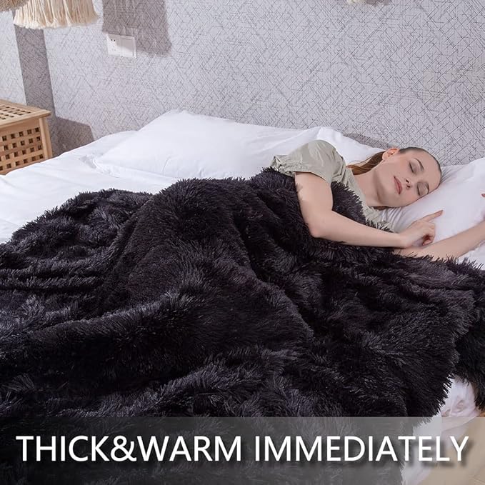YUSOKI Long Faux Fur Throw Blanket for Sofa Couch,2 Layers,2.1lb,All Ages,Home Decoration, (Black,50" x 60")