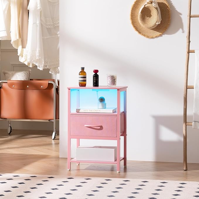 Yoobure Pink Night Stand with Charging Station, LED Nightstand for Bedroom, Bedside Tables with Adjustable Fabric Drawer, 3-Tier End Table Living Room, Small Side Table with Storage