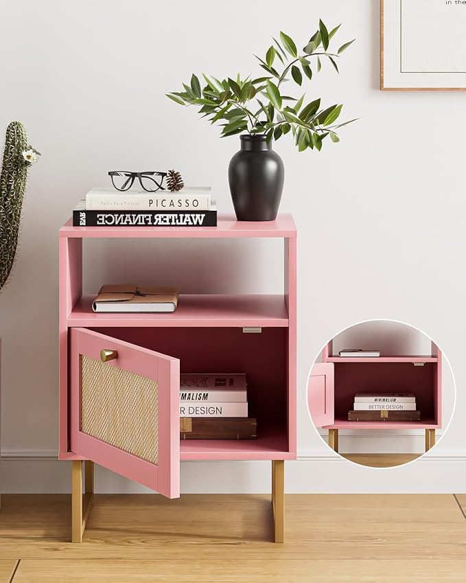 Masupu Rattan Nightstand,Modern Boho Farmhouse Wood Bedside Table with Storage Drawer and Open Shelf,Small Black Frame Side End Table for Bedroom,Living Room,Office (Pink)