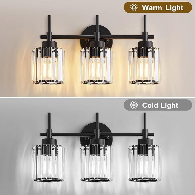 3 Light Black Crystal Vanity Light, Modern Bathroom Vanity Light Over Mirror, Up and Down Mount Wall Sconce Lighting for Bathroom Bedroom Living Room Hallway