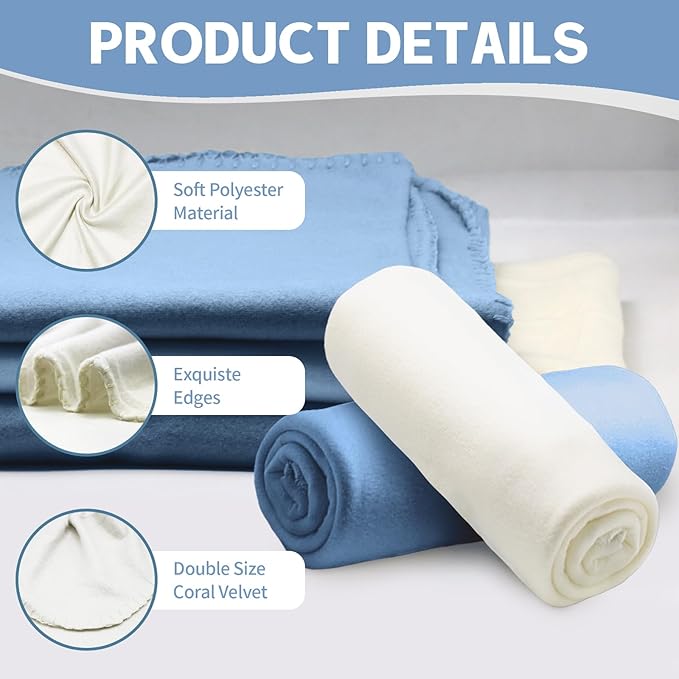 12PCS Fleece Throw Blankets Bulk 60 x 50 in Soft Blankets Fabric Warm Lightweight Wool Blanket Cozy Coverlet for Beds Sofas Home for All Seasons (12, White + Sky Blue, 50"x60")