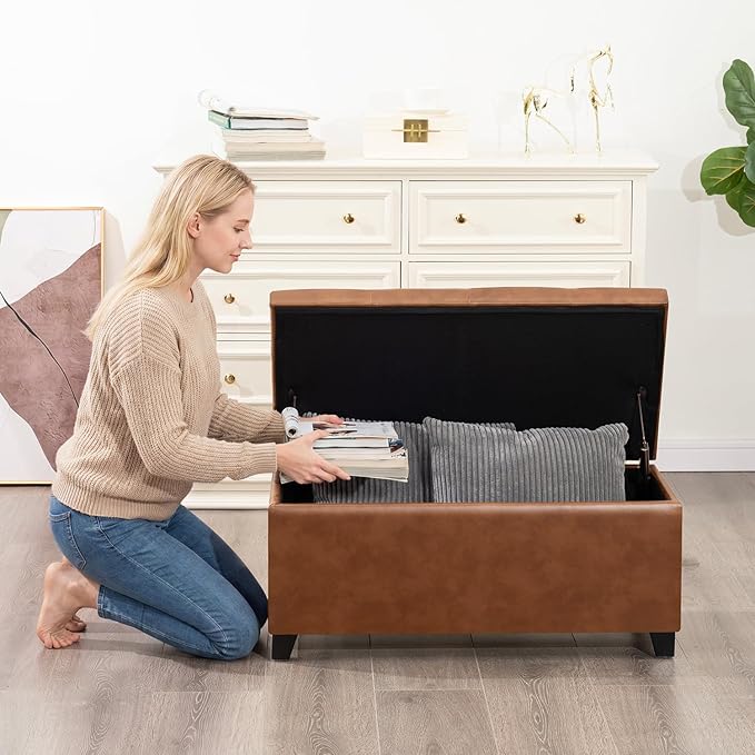 Homebeez 30" Faux Leather Storage Ottoman, End of Bed Bench, Upholstered Ottoman with Storage Bench for Living Room,Bedroom,Entryway