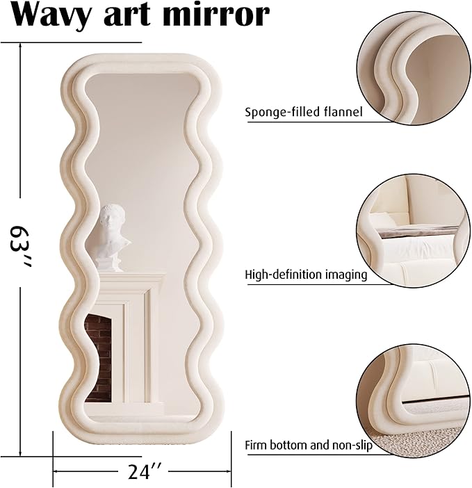 BOJOY Full Length Mirror 63"x24", Irregular Wavy for Standing Hanging or Leaning Against Wall for Bedroom, Flannel Wrapped Wooden Frame-White