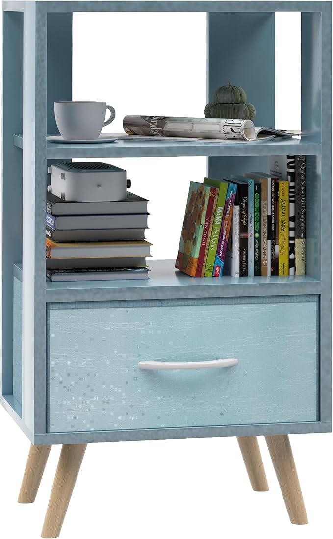 Night Stand, Blue Nightstand with Drawer, Side Table with Open Storage, 3-Tier Modern End Table, Bedside Table for Small Space, Living Room, Bedroom