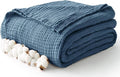 100% Cotton Muslin Blanket King 108" x 90", 6 Layers Breathable and Lightweight Cotton Throw Blanket for Bed, Soft Quilt Bedspread Coverlet, Gauze Blanket for Adults All Season, Blue
