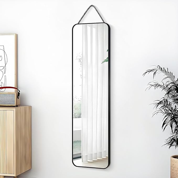 47x14 Mirror Full Body Length Door Hanging/Rope Hang/Wall Mounted Metal Frame Rectangle Mirrors for Bedroom Bathroom Dressing Living Room 47 inch Black