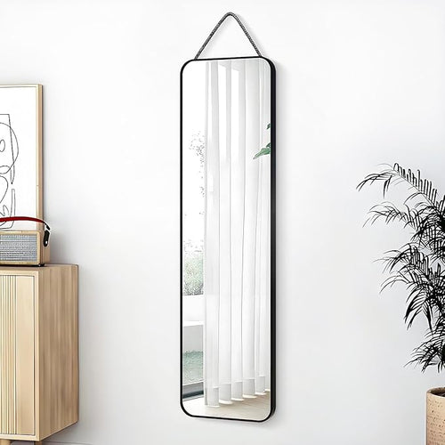 47x14 Mirror Full Body Length Door Hanging/Rope Hang/Wall Mounted Metal Frame Rectangle Mirrors for Bedroom Bathroom Dressing Living Room 47 inch Black