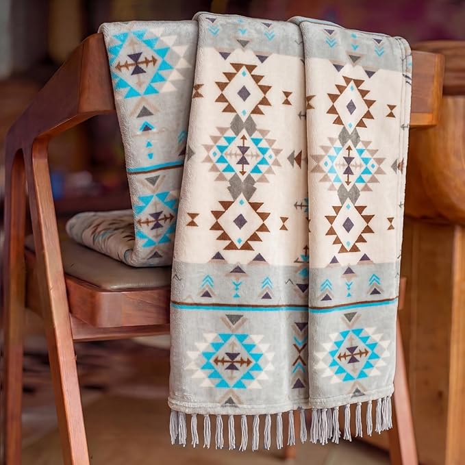CASAAGUSTO Boho Throw Blanket - Green and Beige Decorative Blankets with Tassel, Printed Flannel Bohemian Blanket for Chair, Bed, Sofa, Couch(50 * 60, Green and Beige)