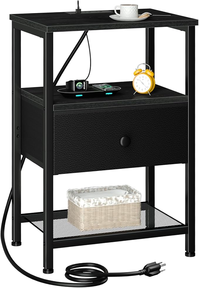 Night Stand with Charging Station, Small Bedside Table with Fabric Drawer, Nightstand with USB Ports & Outlets for Bedroom, Living Room, Black, HETS010BK-1