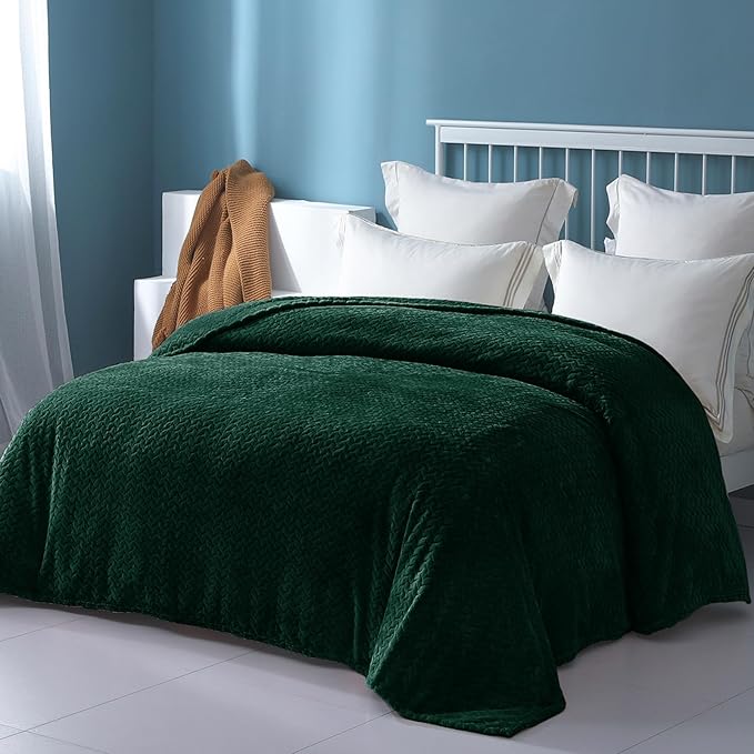 Exclusivo Mezcla Fleece Queen Size Blanket for Bed, 90x90 Inches Soft Cozy Jacquard Flannel Blankets, Lightweight Fuzzy Plush Warm for Women, Forest Green