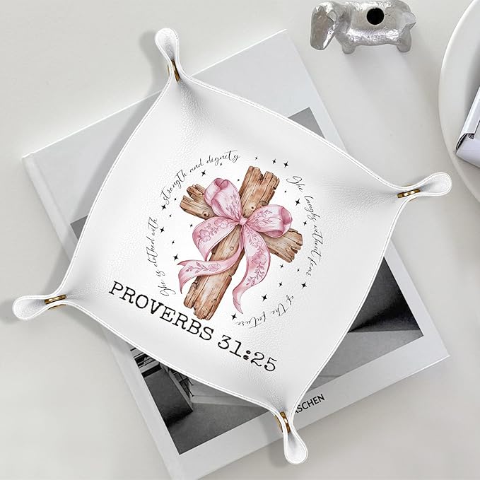 Christian Gifts for Women Faith - Proverb 31 Woman Gifts Religious Pink Bow Bible Verse PU Leather Catchall Beside Caddy Nightstand Organizer Tray for Rings Watches,7.87x7.87in