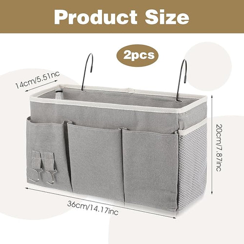 2 Pcs Bedside Caddy, Hanging Storage Organizer with Pockets for Bunk Beds, College Dorm, Bed Rails, Holds Books, Phones, Glasses, Keys, Gray
