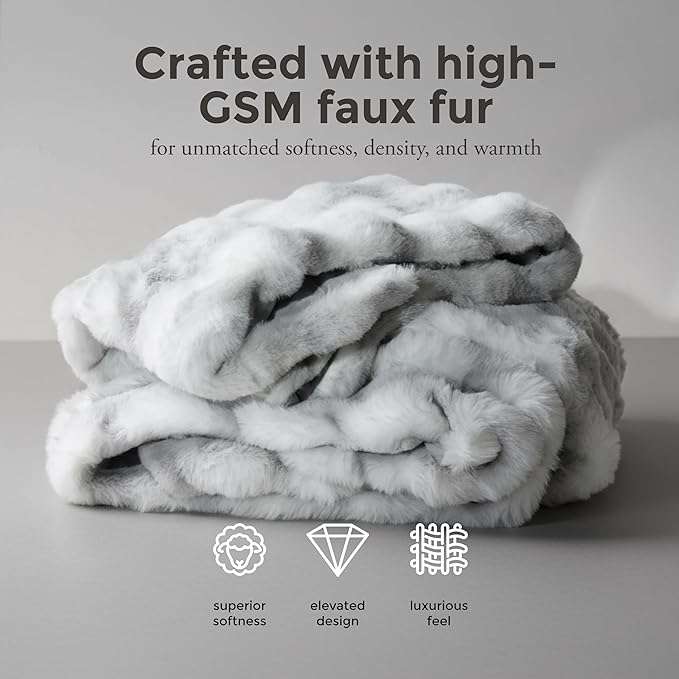 Mon Chateau 60" x 70" Dream Faux Fur Throw, Marble Print Plush Luxury Blanket for Couch, Sofa, or Bed, Soft Reversible Throw Blanket for Sleeping, Home & Room Decor, Moonshadow Bubble