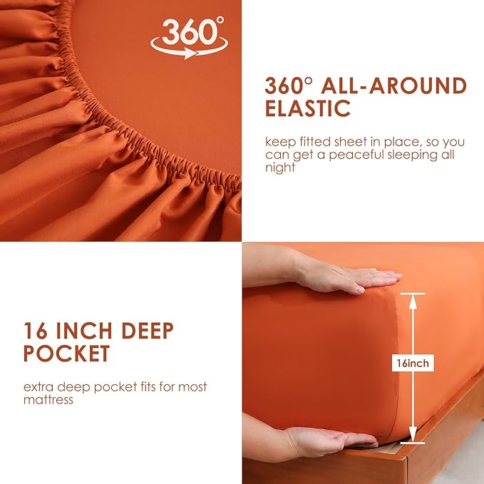 JSD Burnt Orange Twin Sheet Set with Side Pocket Corner Straps, 3 Piece Soft Kids Microfiber Bed Sheets Extra Deep Pocket