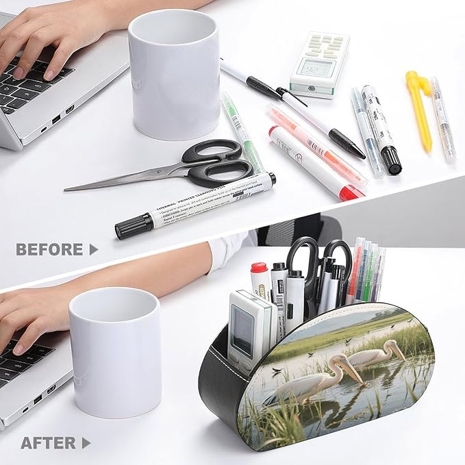 2 Pelicans Remote Control Holder Organizer Box with 5 Compartment PU Leather Bedside Storage Caddy Remote Organizer for Controller Media Player Pen/Pencil Storage