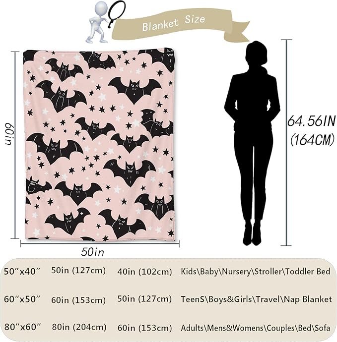 Bat & Stars Blanket | Soft Warm Fuzzy Lightweight Flannel Throw Blanket Perfect for Couch, Bed, Decor, Travel & Outdoor Use, Cozy Blankets for Adults Kids Women Girls 50×40 in