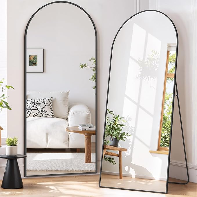 Full Length Mirror 65"x24" Full Body Mirror Arched Free Standing Wall Mounted Leaning Floor Mirrors with Stand Aluminum Alloy Frame for Bedroom Cloakroom, Black