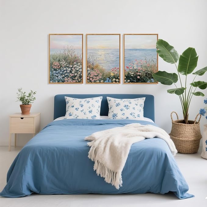 CHDITB Coastal Wildflower Framed Wall Art, Minimalist Beach Wall Decor, Nature Seaside Flower Painting, Modern Neutral Botanical Artwork Floral Ocean Art Prints For Living Room Bedroom Decor 12”X16”X3