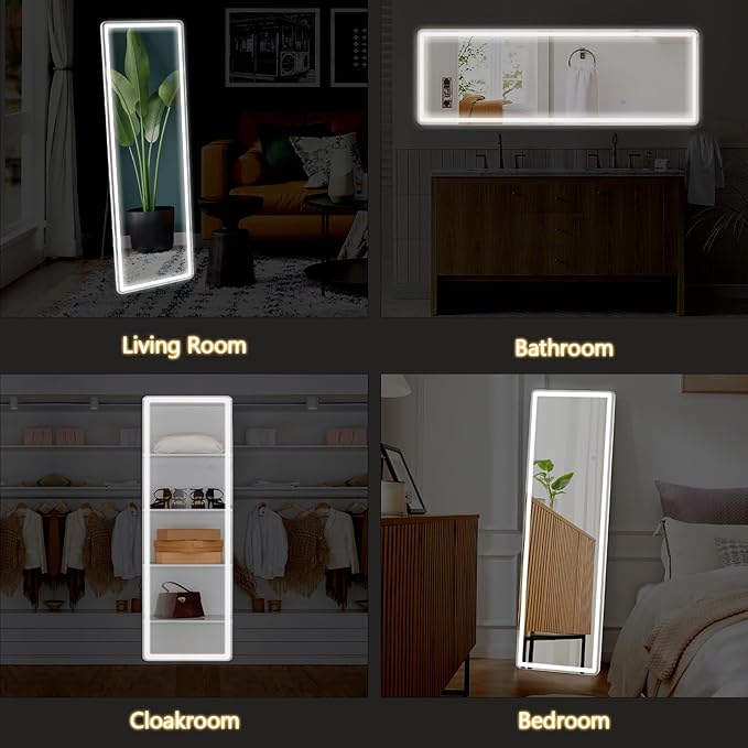 Sweetcrispy Full Length Mirror with LED Lights, 71.3"x26.5" Lighted Floor Mirror with Dimming & 3 Color Lighting, Stand for Bedroom, Dressing Room