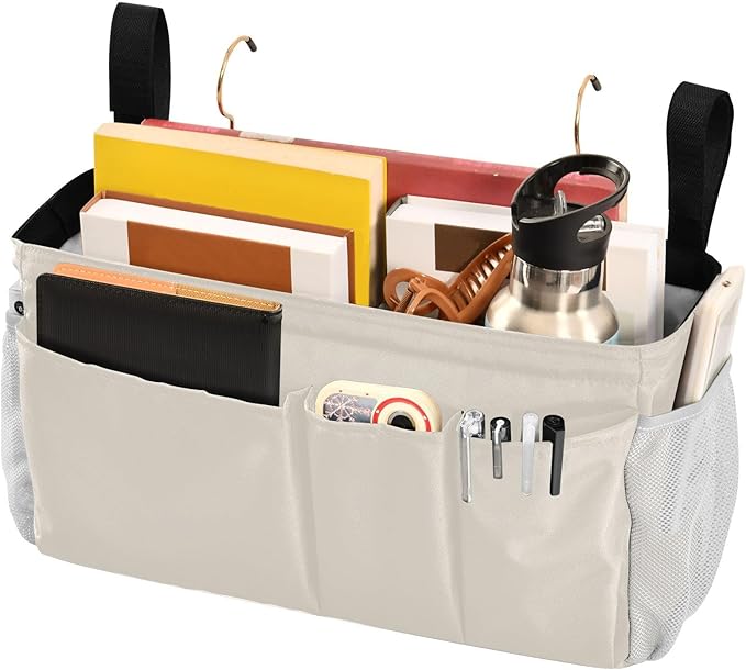 DOMIKING Beige Bedside Caddy for Dorm Bed Recliner Armrest Organizer with Hooks Haning Holders for Phone Magazine Tablet