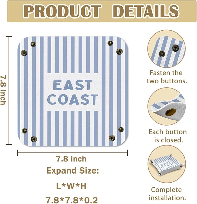 Coastal Cowgirl East Coast Leather Jewelry Valet Tray,Beach Lovers Gifts PU Leather Catchall Beside Caddy Nightstand Organizer Tray for Jewelry Rings Watches Keys and Accessories,7.8x7.8inch