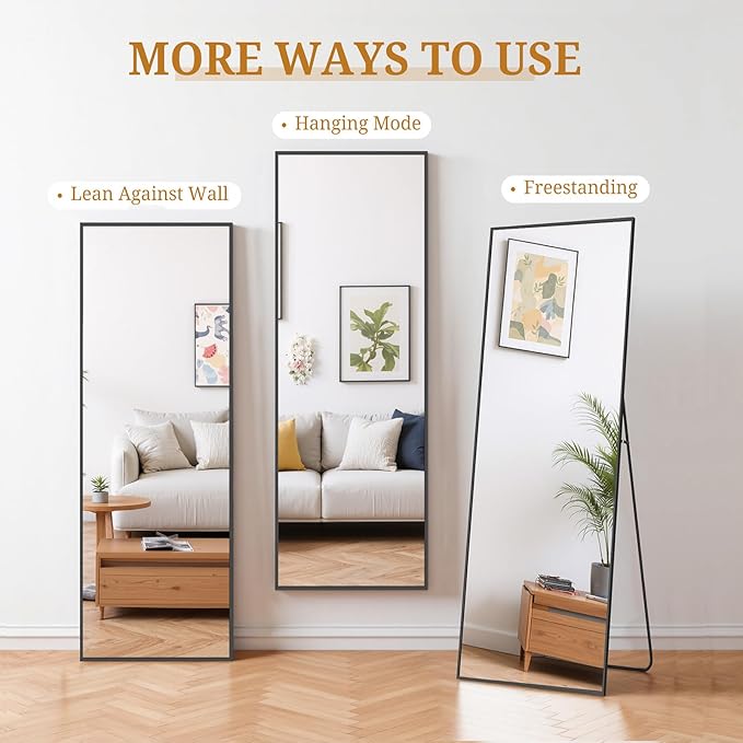 Full Length Mirror 58"x19" Full Body Mirror Rectangle Free Standing Wall Mounted Leaning Floor Mirrors with Stand Aluminum Alloy Frame for Bedroom Cloakroom, Black