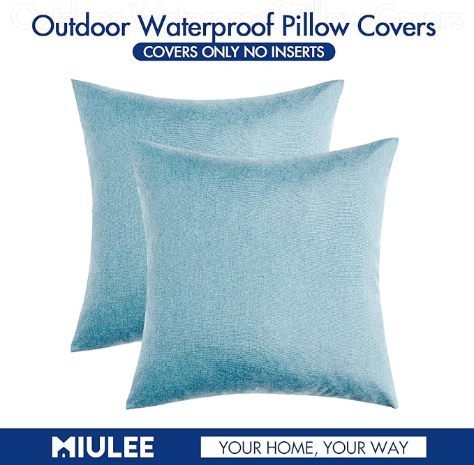 MIULEE Pack of 2 Decorative Outdoor Solid Waterproof Throw Pillow Covers Faux Linen Garden Farmhouse Coastal Cushion Cases for Summer Patio Tent Balcony Couch Sofa 18x18 Inch Blue Gray