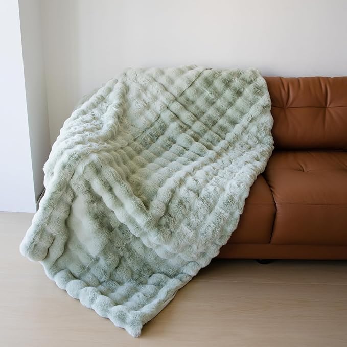 Super Comfort Oversized Warm Thick Bubble Luxury Plush Rabbit Faux Fur Throw Blanket, Fluffy Blanket,Soft Cozy Blanket for Couch Chair Bed Sofa Living Room (Sage Green, 60inX80in)