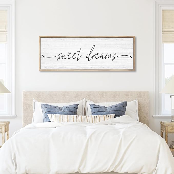 Sweet Dreams Wall Decor Above Bed Large 41''×15'' Farmhouse Wall Decor for Bedroom Guest Room Decor Framed Wood Wall Art Rustic Master Bedroom Wall Decoration 01 (brown frame)