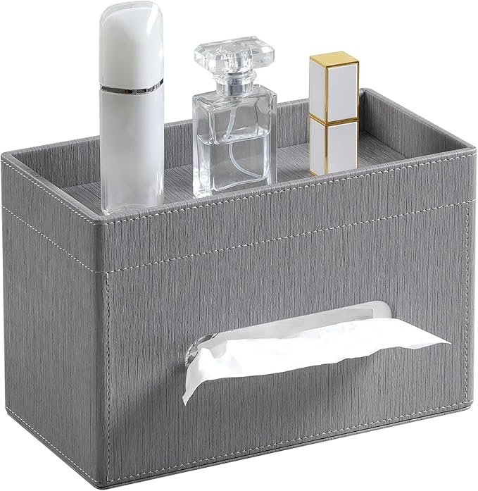 Plus Size Tissue Box Cover Rectangle, PU Leather Tissue Box Holder with Storage Tray, Decorative Organizer Tissue Holder for Bathroom, Bedroom Dresser, Night Stand, Office (Grey)