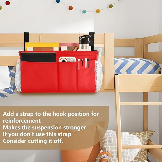 YETTASBIN Red Bedside Caddy Hanging Storage Organizer Bag with 2 Straps & Hooks for Bunk Beds, College Dorm, Hospital Bed - Holder for Books, Phone, Magazine, Glasses, Keys
