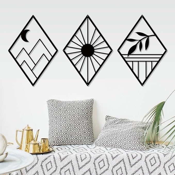 Sokurdeg Boho Metal Minimalist Geometry Wall Art, Black Bohemian Line Metal Art Wall Decor, Modern Abstract Wall Art for Bedroom Bathroom Living Room (3 Pack, 12 x 17 in)