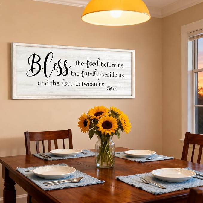 Bless the Food Before Us, the Family Beside Us, and the Love between us Framed Wall Art for Dining Room, 40''×15'' Holy Positive Religious Rustic Bible Verse for Christian God Jesus Christ Prayer