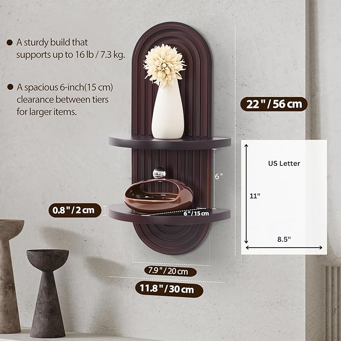 Boho Wall Shelf with Arched Wood Design Mid-Century Rainbow Decor Floating Shelves for Home Bedroom Living Room Nursery Office 22 x 11.8 Inches Dark Brown