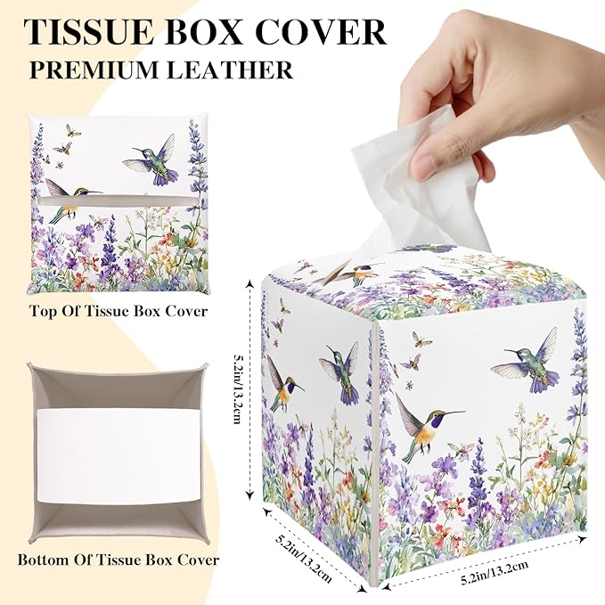 Floral Hummingbird Tissue Box Cover, Purple Tissue Holder Square with Bottom Belt for Home Bathroom Office Vanity Countertop, Housewarming Gifts Ideas for Women Friends Mom Bestie -08