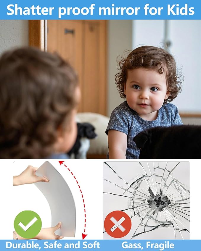 Unbreakable Mirror Tiles Self Adhesive,4PCS 16”x16” Toddler Mirror for Classroom Decor, Peel and Stick On Small Mirrors for Wall Decor, Shatterproof Plastic Mirrors Stickers for Kids Decorative