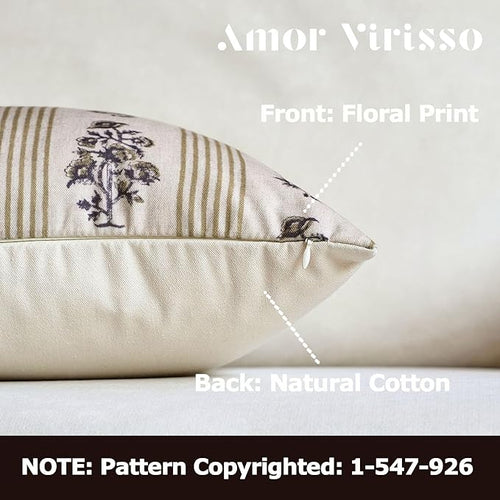 Amor Virisso Floral Throw Pillow Covers 24x24 Set of 2 Block Print Pillow Covers Neutral Floral Striped Farmhouse Decorative Pillow Covers for Sofa Couch Bed, Yellow