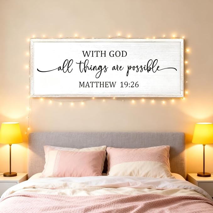 With God All Things are Possible Framed Wall Art, 40''×15'' Vintage Holy Religious Rustic Bible Verse for Christian God Jesus Christ Prayer, Positive Horizontal Inspirational Catholic Scripture Decor