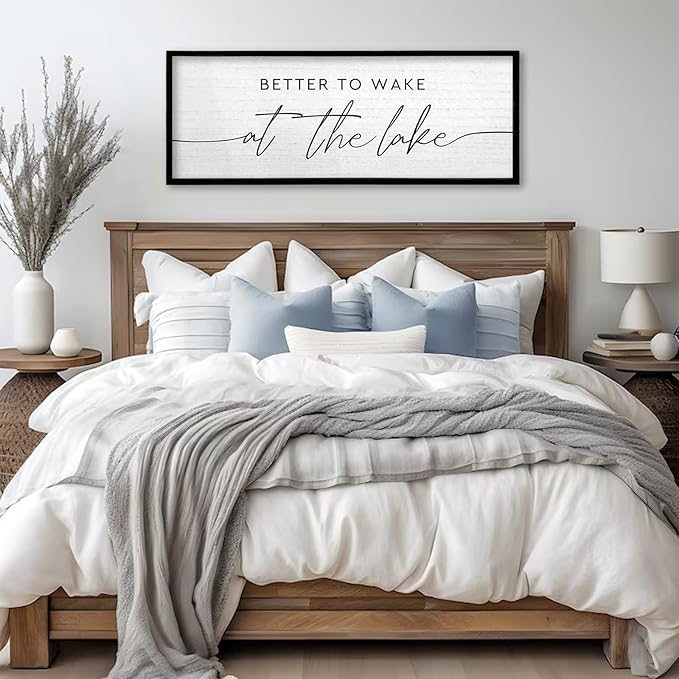 TQianJiang Lake House Decor Better To Wake At The Lake Sign 32"×12" for Bedroom Above Over Bed Large Country Home Cabin Farmhouse Rustic Quote Wood Framed Wall Hanging Art (Black)