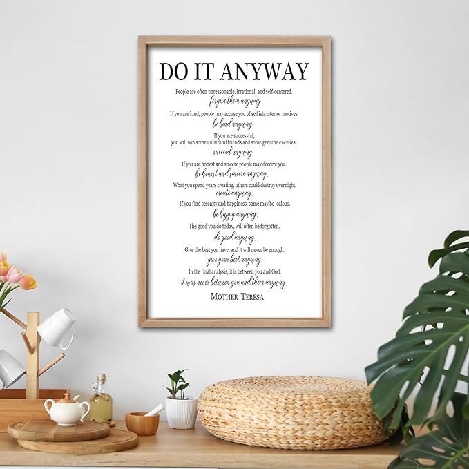 comurdyo Do It Anyway Wall Decor 24"x16" Mother Theresa Quotes Inspirational Sign Bible Verse Christian Motivational Modern Bedroom Vintage Wood Framed Farmhouse Wall Hanging Art (Wood)