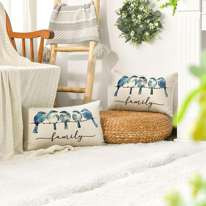 AVOIN colorlife Home Sweet Home Bluebird Family Watercolor Throw Pillow Cover, 12 x 20 Inch Blue Cushion Case Decoration for Sofa Couch Set of 2
