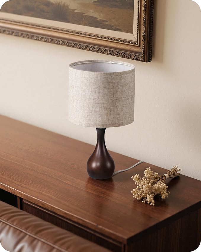 Small Table Lamp, 14.2" Cute Little Desk Lamp, Wood Bedside Lamp with Linen Lampshade, Modern Nightstand Lamp for Bedroom, E26 Base, Bulb Not Included, Beige & Dark Walnut STE09TL05