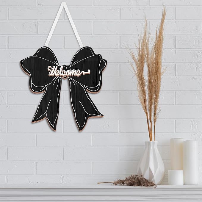 Black Bow Decor Hanging Sign Cute Coquette Bow Decoration Double-sidedWooden Bowknot Welcome Door Sign for Preppy Room Wall Home Bedroom Fall Halloween Indoor Outdoor Porch