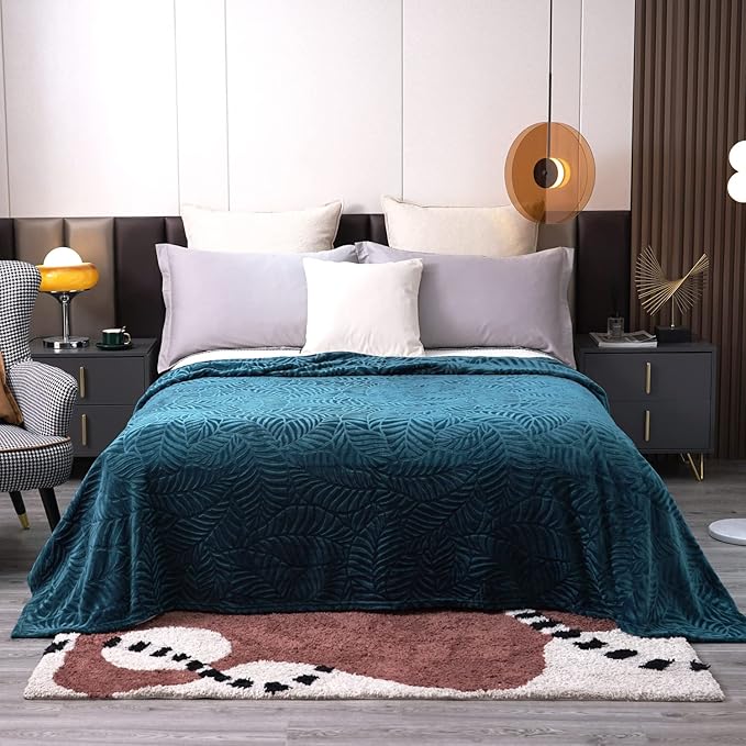 SOCHOW Super Soft Flannel Fleece Throw Blanket, Lightweight Cozy Warm Leaves Textured Plush Blanket for Bed Couch Sofa, 50 x 60 Inches, Blue Coral