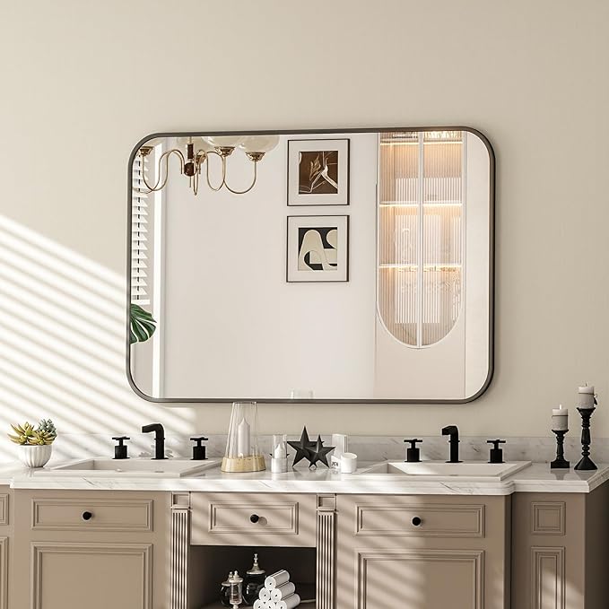 26x38 Inch Bathroom Mirror - Wall Mounted Vanity Mirror with Round Corner Aluminum Alloy Frame, Hanging Horizontally Vertically for Living Room, Bedroom, Hallway as Home Decor, Black