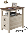 Farmhouse End Table with Charging Station and 2 Drawers, Washed Grey Wood Nightstand Narrow, Skinny Side Table Rustic, Slim Bedside Table, Open Shelf, Small for Bedroom, Living Room, Sofa